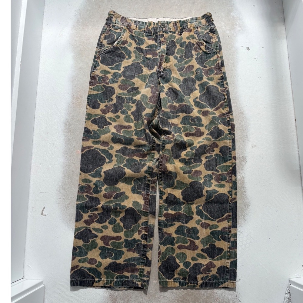 Vintage Duck Camo Pants Mens 30x30 Straight Leg Utility Cargo Trousers Green Tan